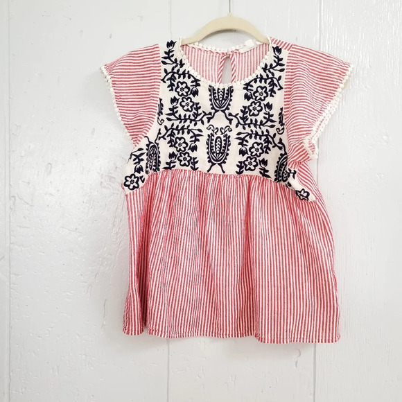 THML Tops - THML Red Pinstripe Navy Floral Embroidered Flowy Boho Top Small